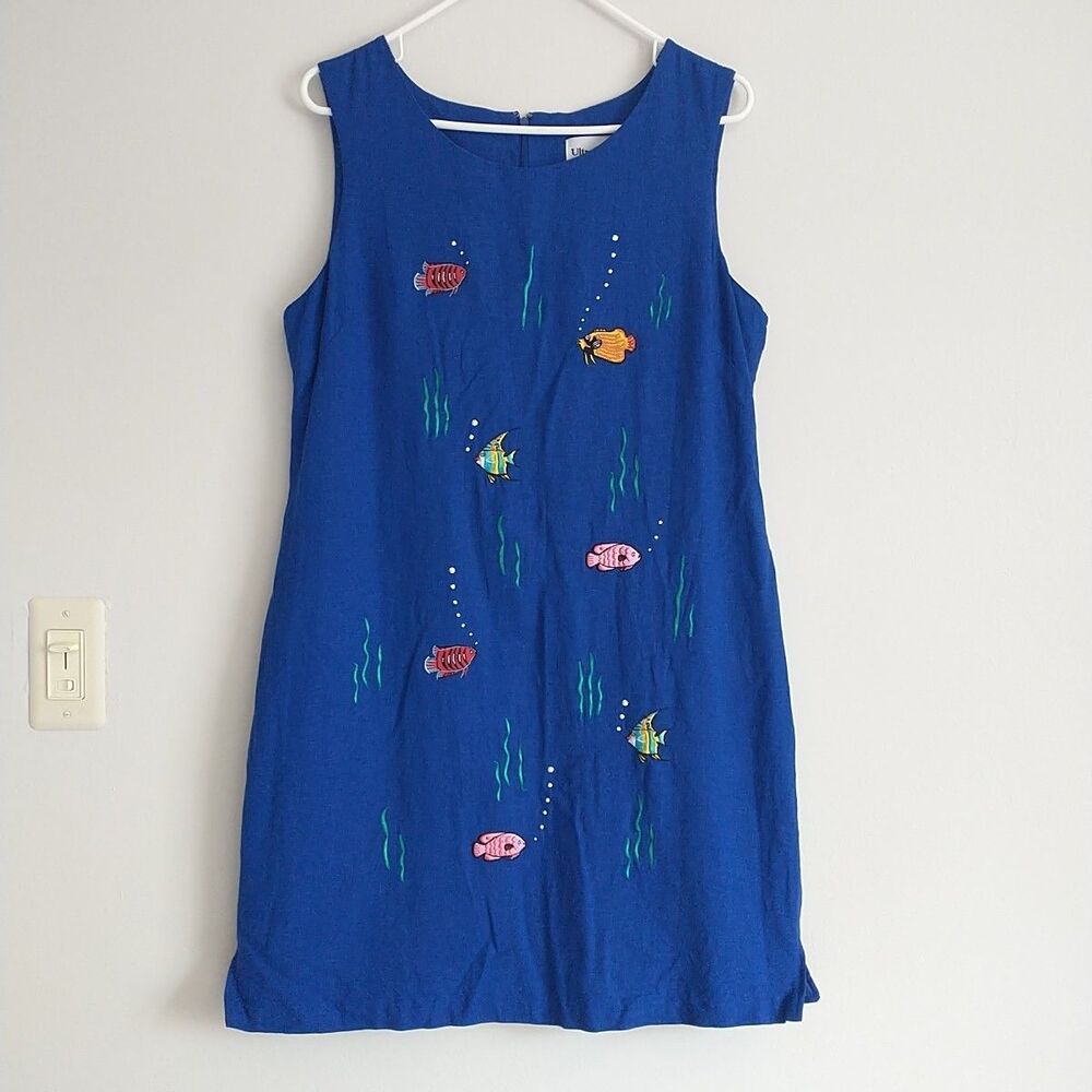 Ultra Dress New York Shift Dress 16 Blue Linen Blend Fish Embroidered Lined Zip
